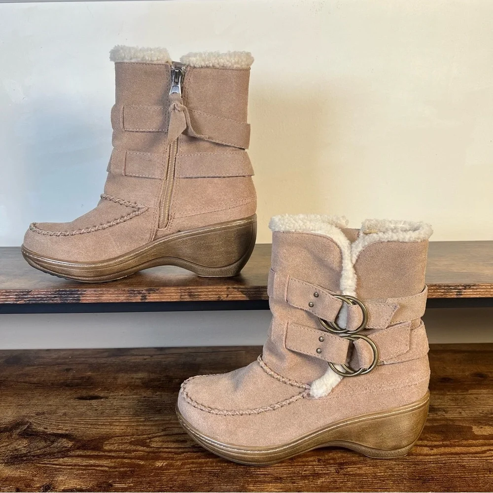 SoftWalk Leather Boots Tan Faux Fur Lined Side Buckles Wedge Heel Women's 7